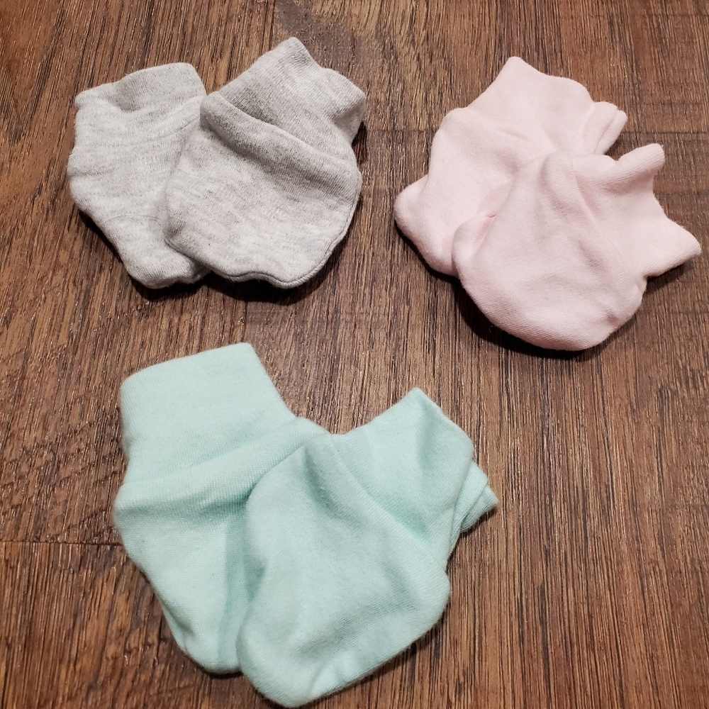 Target 3 Baby Girl Mitts Mittens Infant Green Gray Pink Pastel Newborn Cotton NB